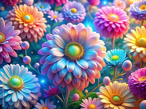 A mesmerizing display of colorful daisy flowers creates a vibrant and enchanting garden scene, with each petal glowing in iridescent pastel shades