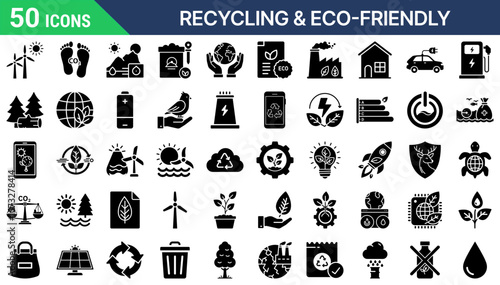 Recycling & Eco-Friendly Glyph Icons. Clean solid glyph icons for eco-friendly, recycling, and sustainability projects. Lightweight SVGs with currentColor for seamless UI integration.