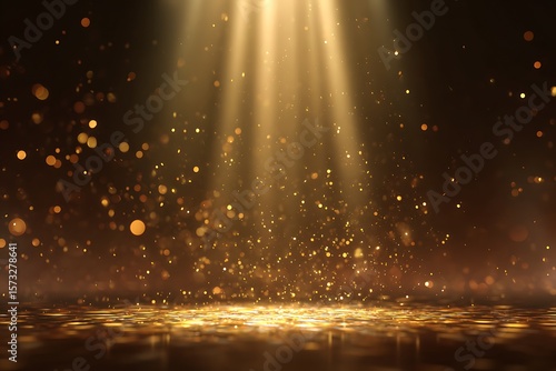 Golden Spotlight with Sparkling Particles on Dark Background