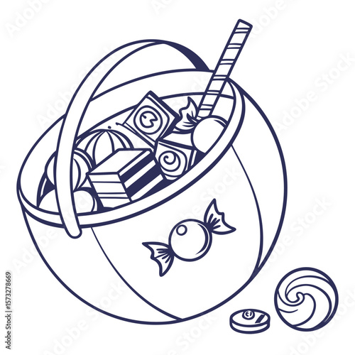 Illustration of a halloween bucket filled with various candies and a lollipop in black and white outline