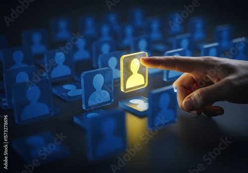 Human finger selects one glowing person icon from a crowd