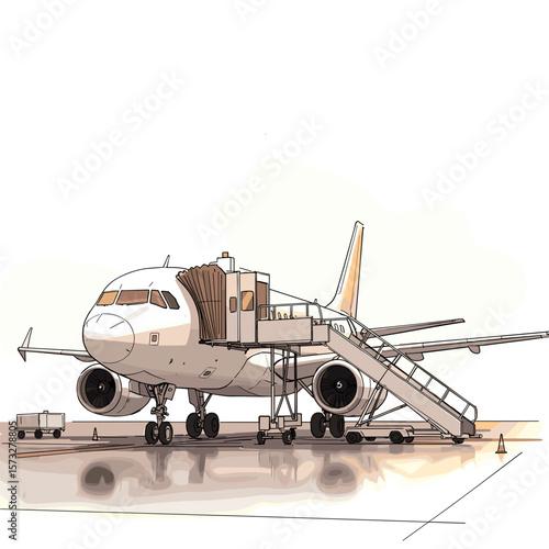 Airplane parked at airport with boarding stairs and baggage cart  