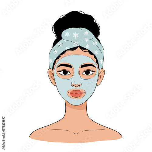 Woman applying facial mask with headband and relaxed expression  