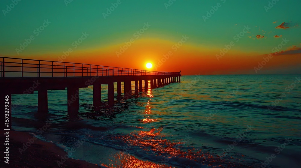 Obraz premium Stunning sunset over tranquil waters at a pier, casting golden reflections.