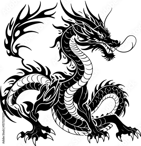 Oriental Dragon Tattoo Silhouette Design" vector bundle