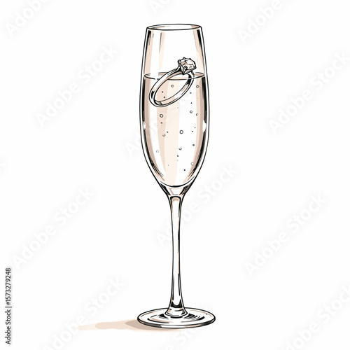 Glass of champagne with diamond ring submerged in water  
