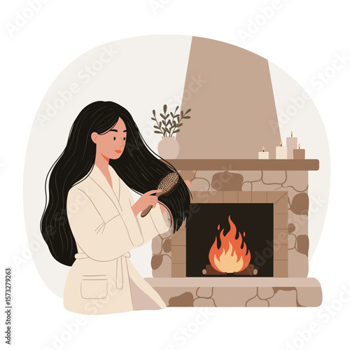 Young woman brushing her long hair by the fireplace in cozy home  