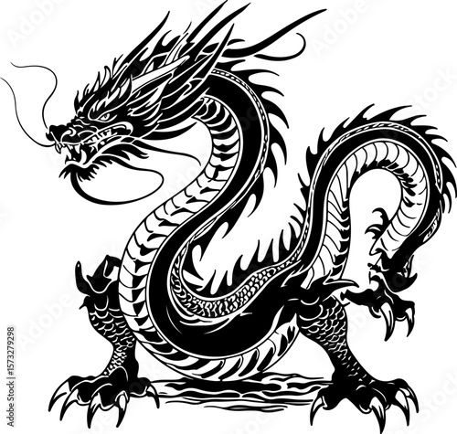 Oriental Dragon Tattoo Silhouette Design" vector bundle