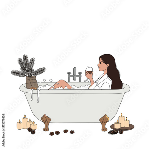 Young woman relaxing in bathtub with wine and candles around  