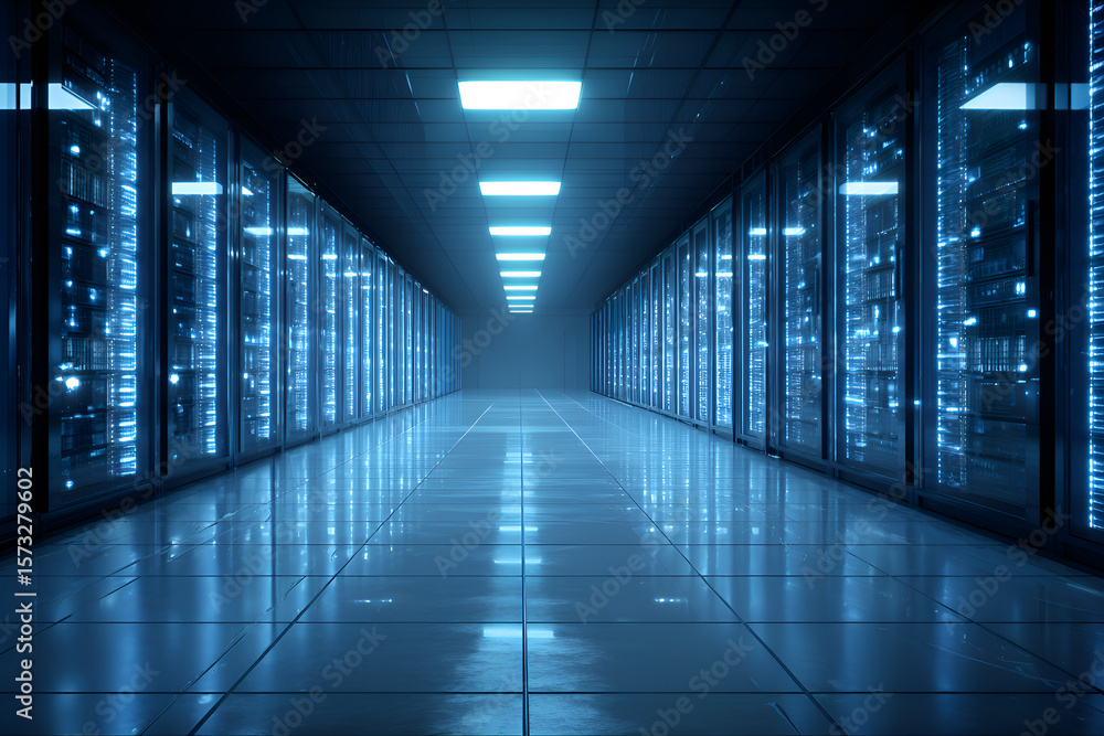 Fototapeta premium Server room corridor with data processing equipment blinking