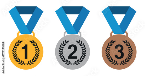 Set of three flat design victory medals gold silver and bronze with blue ribbons and laurel wreaths signifying first second and third place achievements