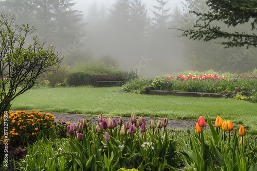 fog dew covered tulip garden in early morning