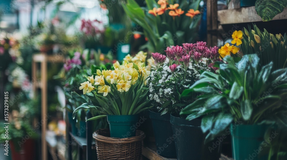 custom made wallpaper toronto digitalFlower shop outdoor display with colorful plants and garden pots in fresh springtime market scene