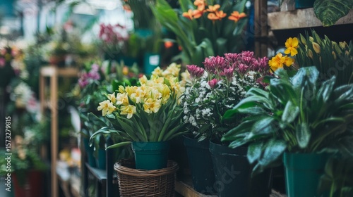 Wallpaper Mural Flower shop outdoor display with colorful plants and garden pots in fresh springtime market scene Torontodigital.ca