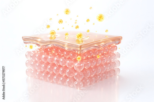 3D illustration of glowing serum droplets penetrating skin layers, enhancing hydration and elasticity. A perfect visual for luxury skincare, beauty science, and innovative cosmetic formulations.

