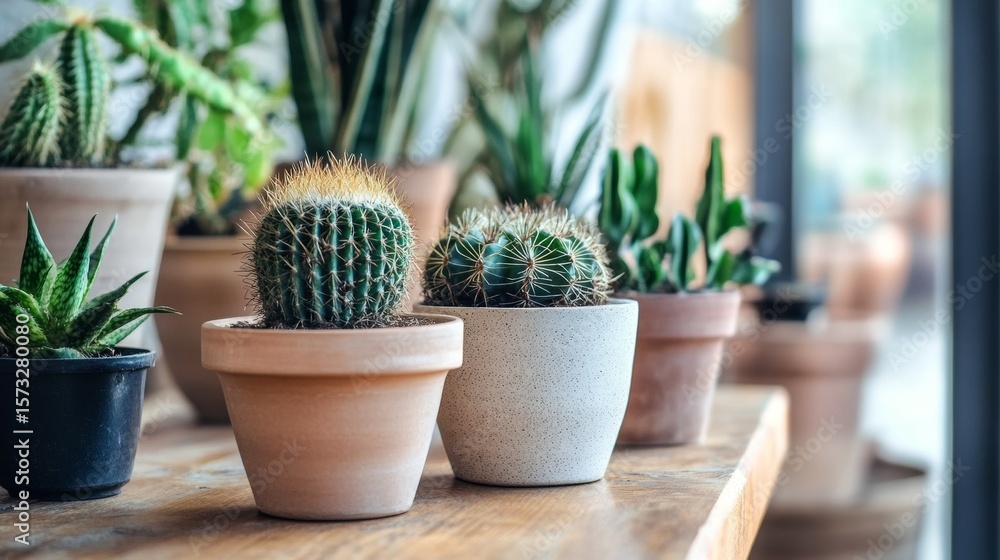 Fototapeta premium Cactus plants in pots lined up on windowsill in bright natural light for urban botanical interior decor background