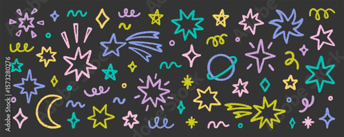 Chalk pencil stars and sparkles doodle set. Crayon moon, twinkle, blink, firework, glitter silhouette and glowing symbols in sketch style, Hand drawn vector illustration isolated on black background