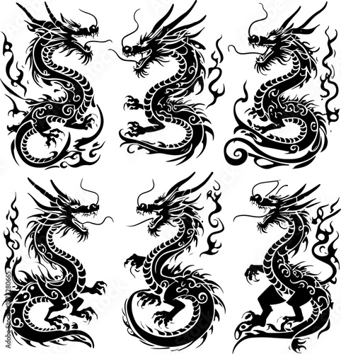 Oriental Dragon Tattoo Silhouette Design" vector bundle