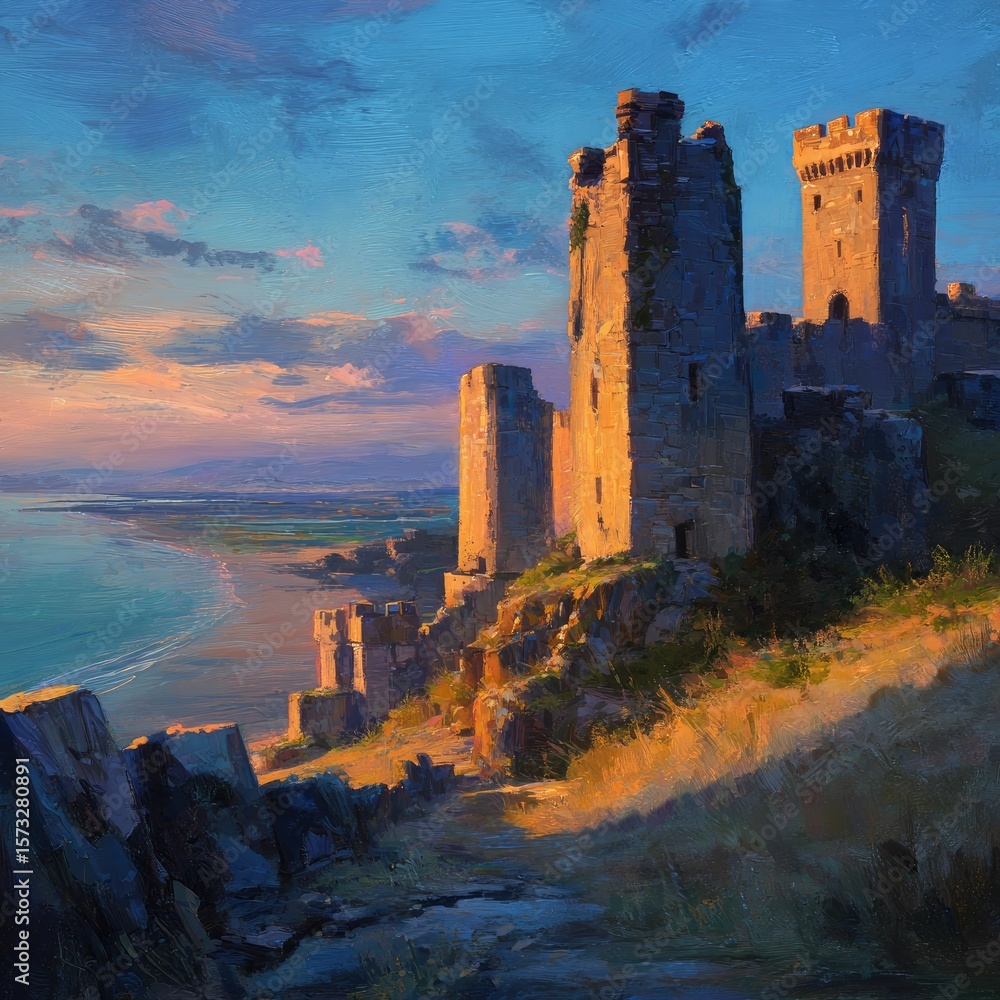 Fototapeta premium Sunset casting long shadows over ancient castle ruins--a --v 7 Job ID: e12fa2c0-6189-428e-9ca7-a1215a978627