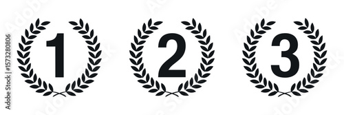 Set of three black laurel wreath icons featuring the numbers one two and three for first second and third place awards