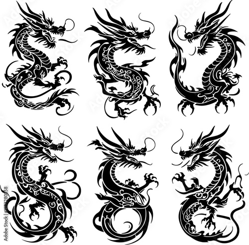 Oriental Dragon Tattoo Silhouette Design" vector bundle