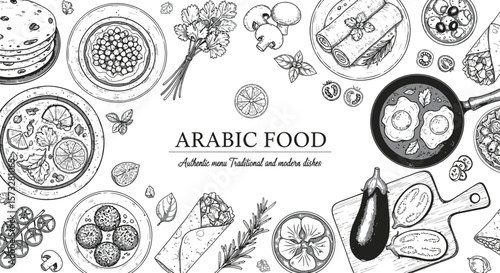 Sketch of arabic food dishes with vegetables and herbs on a white background