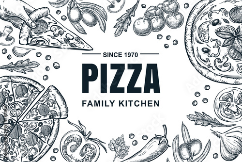 Vector hand drawn Italian pizza and ingredients frame. Design elements for pizzeria menu, poster, banner, packaging