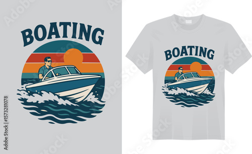 Stylish boating vector graphic t-shirt design featuring a serene lake, boat silhouette, and sunset backdrop. Perfect for boat lovers, summer adventures, and nautical-themed fashion.
