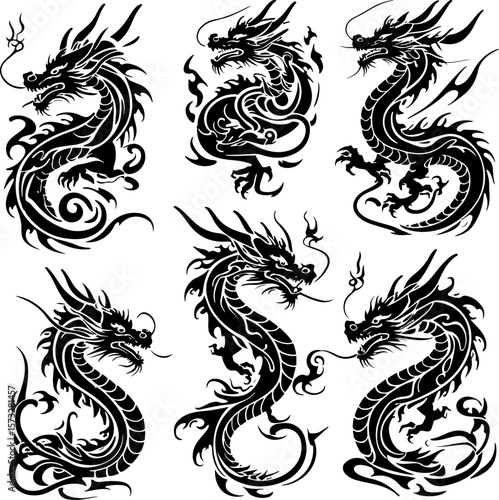 Oriental Dragon Tattoo Silhouette Design" vector bundle
