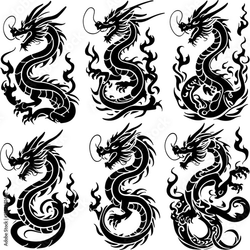 Oriental Dragon Tattoo Silhouette Design" vector bundle