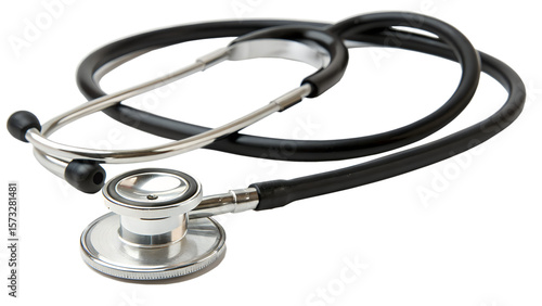 A silver and black stethoscope lies on a transparent background