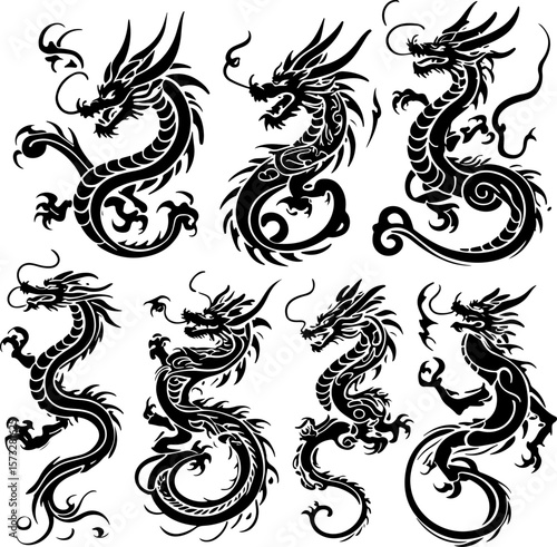 Oriental Dragon Tattoo Silhouette Design" vector bundle