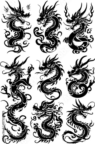 Oriental Dragon Tattoo Silhouette Design" vector bundle
