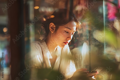 young asian woman looking to her phone in the garden