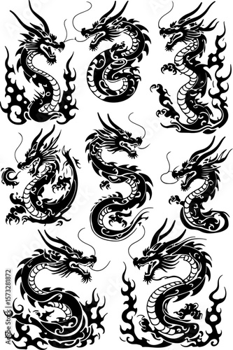 Oriental Dragon Tattoo Silhouette Design" vector bundle
