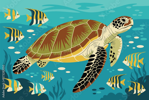 Sea turtle gracefully swims amidst a school of colorful fish in the ocean waters, creating a vibrant scene.
