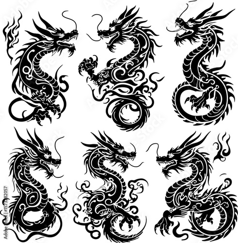 Oriental Dragon Tattoo Silhouette Design" vector bundle