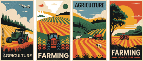 Farm Field with Tractor and Trees – Nature Agriculture Scene for Harvest Season – Vector Illustration for Background, Brochure, Poster or Eco-Friendly Farming Concept Design