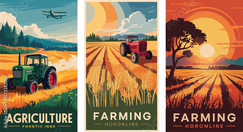 "Agricultural Scene Featuring Harvest Time, Tractor in Field, Natural Trees and Rural Farm – Vector Art for Sustainable Farming Poster, Cover or Eco-Themed Background Design"