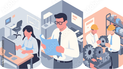 Kantor pengusaha dan timnya bekerja sama dengan setelan jas untuk ilustrasi vektor komunikasi bisnis orang-orang
