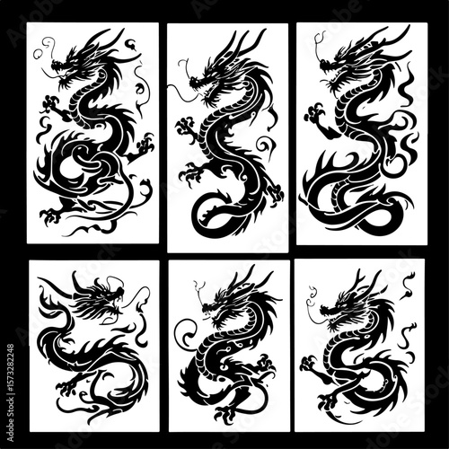 Oriental Dragon Tattoo Silhouette Design" vector bundle