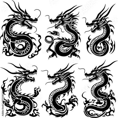 Oriental Dragon Tattoo Silhouette Design" vector bundle