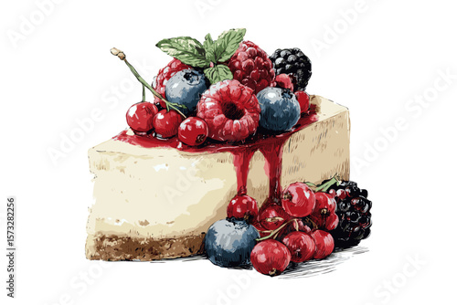 Slice of cheesecake topped with vibrant berries and mint leaves, hand-drawn style on white background, concept of gourmet dessert