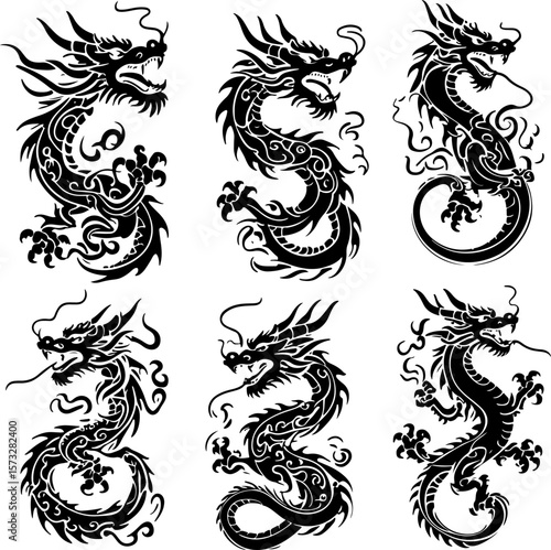 Oriental Dragon Tattoo Silhouette Design" vector bundle