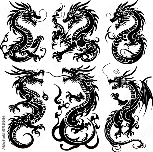 Oriental Dragon Tattoo Silhouette Design" vector bundle