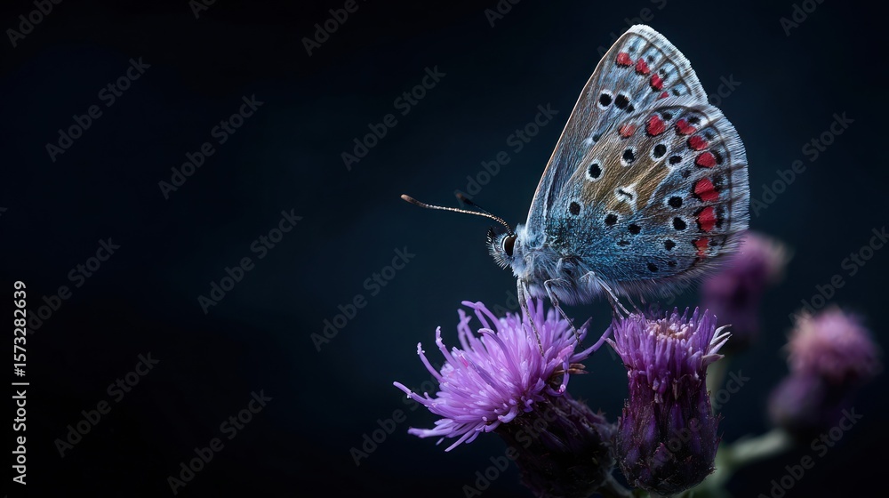 Obraz premium Blue butterfly with red spots rests on vibrant purple thistle against dark backdrop