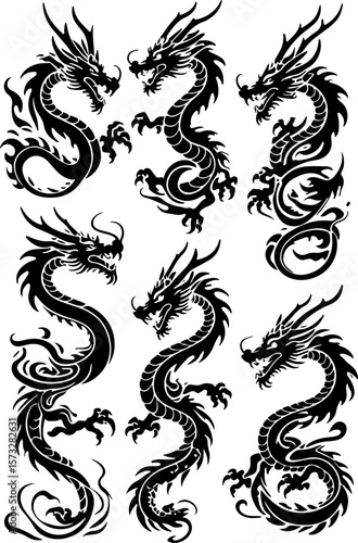 Oriental Dragon Tattoo Silhouette Design" vector bundle