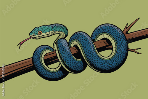 Cartoon illustration of a striking blue snake coiled on a brown branch with its tongue out, detailed scales and jungle vibe.