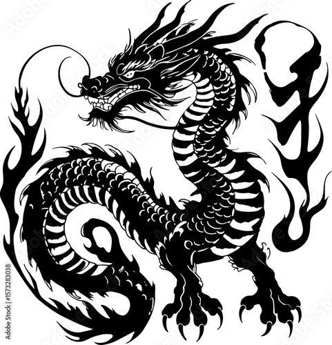 Oriental Dragon Tattoo Silhouette Design" vector bundle