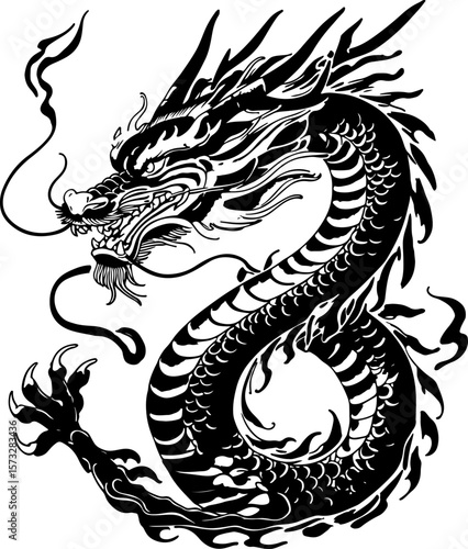Oriental Dragon Tattoo Silhouette Design" vector bundle